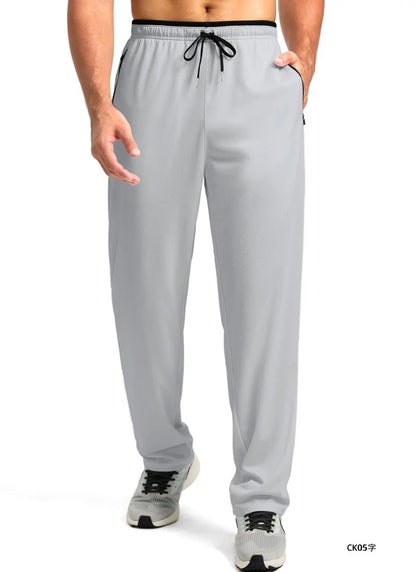 Men High Elastic Breathable Ice Cool Sports Long Pants Outdoor Quick Dry Straight Trousers Drawstring Waist Zipper Pocket Design