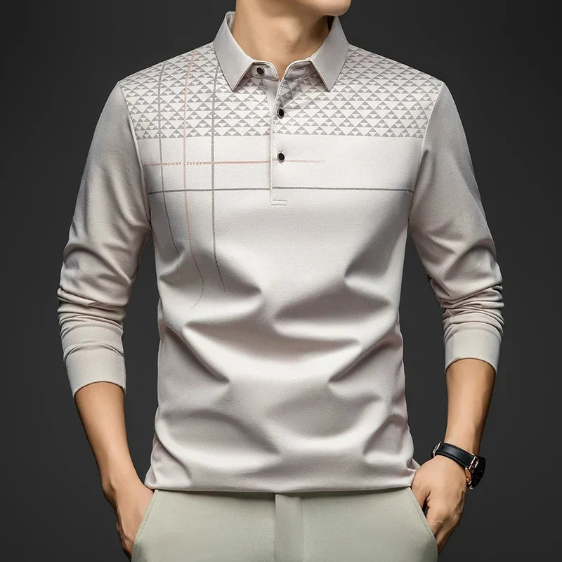 BROWON Luxury Brand Elegant Formal Polo Tshirts Men Graphic Design Long Sleeve Shirt Collar Office Work Polo Tops Man Clothing