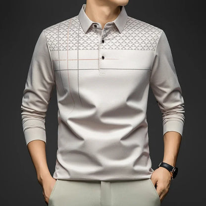 BROWON Luxury Brand Elegant Formal Polo Tshirts Men Graphic Design Long Sleeve Shirt Collar Office Work Polo Tops Man Clothing