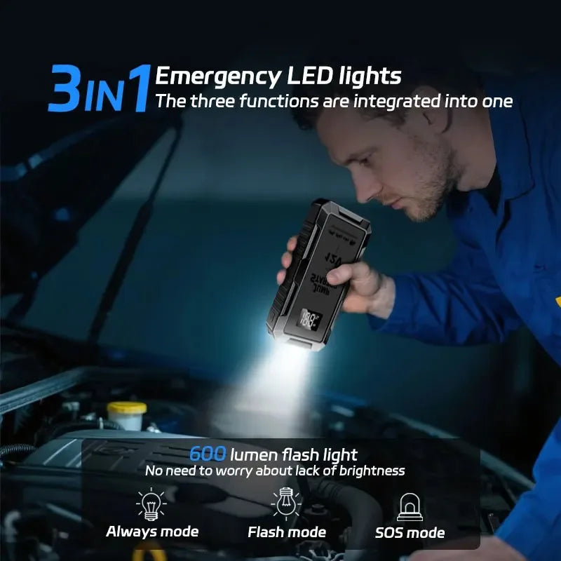 Wireless Charging Car Jump Starter with Portable Power Bank - 12V Emergency Auto Battery Booster