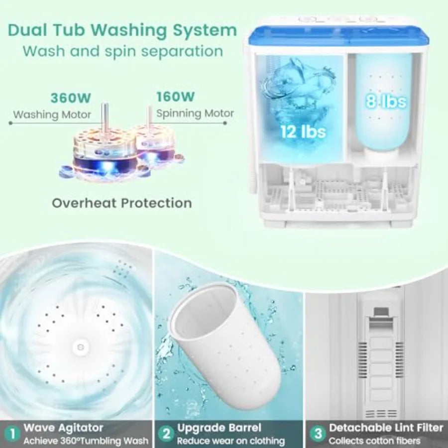 Portable washing machine for apartment/RV/dorm use, plastic housing, white, 20 lbs capacity with 12 lbs wash and 8 lbs spin fun