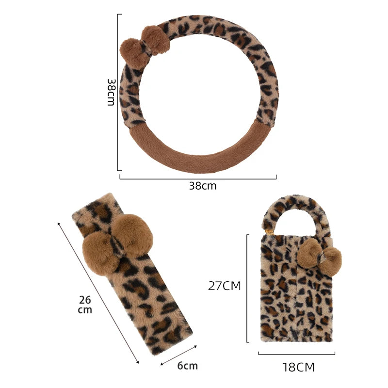 Fashion Leopard Print Car Seat Cover Soft Plush Leopard Steering Wheel Cover Winter Women Auto Interior Accessories Seat Pad