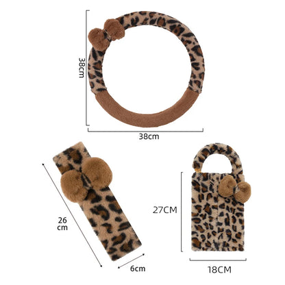 Fashion Leopard Print Car Seat Cover Soft Plush Leopard Steering Wheel Cover Winter Women Auto Interior Accessories Seat Pad
