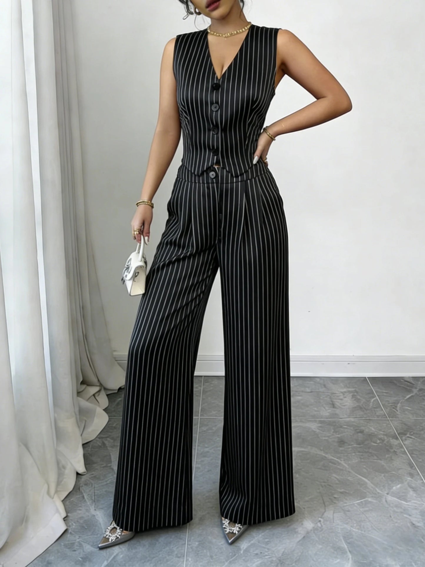 Women's Pinstripe Elegant Trouser Set Sleeveless V Neck Button Vest High Waist Wide Leg Pants Two Piece Set Spring Summer Outfit