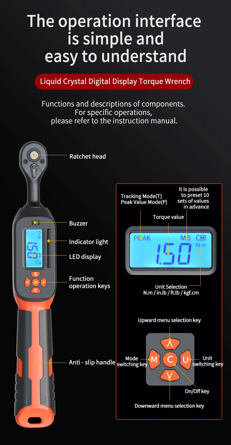 MOVECRAB Digital Torque Wrench 0.6-340N.m 2% Accuracy Preset & LED/Buzzer Alerts for Bike Motorcycles Automotive Mechanical Tool