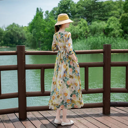 Women's Long Skirt Drawstring Waist Hemp Print A-Line Dress Korean Style Commute Flower Pattern V-Neck Summer Dress