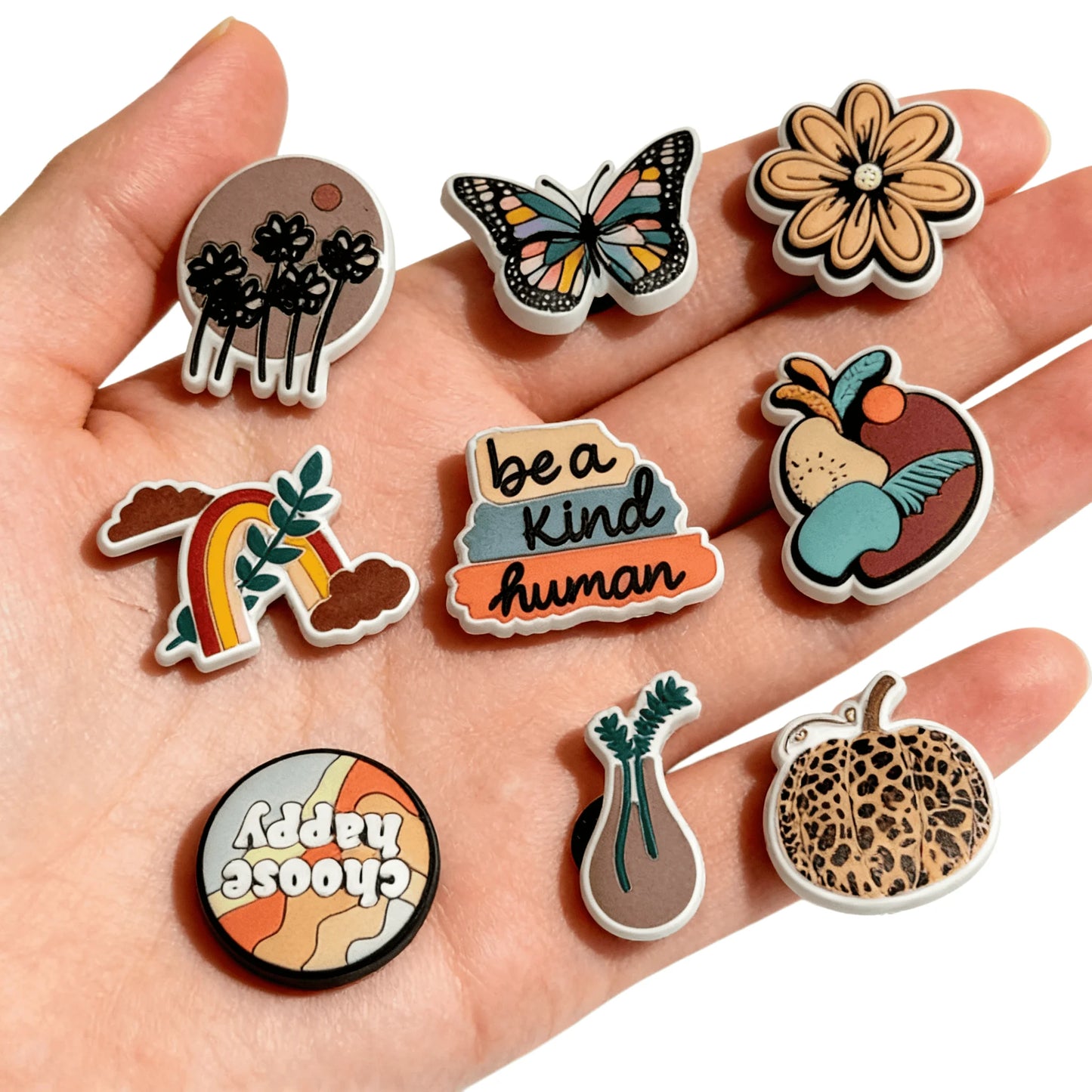 10Pcs Bohemian Style Butterfly Rainbow Flower Pumpkin PVC Shoe Charms For Clogs Pins Hole Slipper Decoration Sandals Accessories