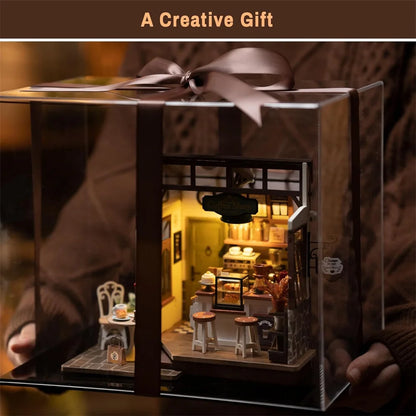 Robotime DIY Wooden Dollhouse Set with Miniature Furniture Model Building Set with LED for Adult and Children NO.17 Coffee