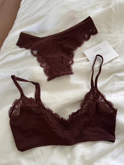 Stretch Lace Bodysuit Set Push-Up (No Pads) Girls' Embroidered Floral Underwear Deep V Ladies Lingerie with Briefs