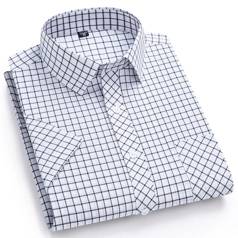 New in Shirt Over Size 100% Cotton Thin Summer Short Sleeve Shirts for Men Slim Fit Plain Shirt Plaid Soft Korean Popular Clothe
