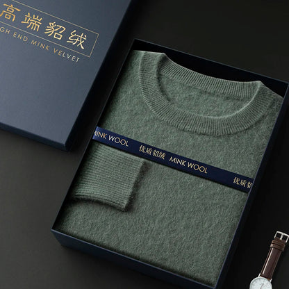 100% Pure Mink Cashmere Men's Round Neck Sweater For Autumn Winter, Casual Knitted Long Sleeved Pullover Sweater Men's Clothng