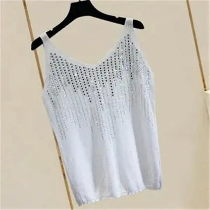 Rhinestones Tank Top Elegant Sleeveless Shiny Loose Knit Camis Corset Summer Women's Tube Top Aesthetic Clothing Korean