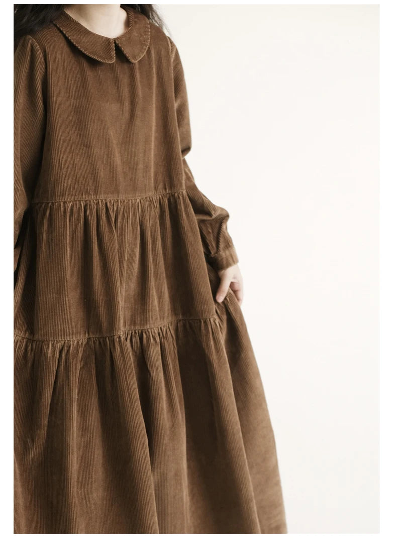 Japanese Style Long Sleeve Corduroy A-Line Dress Loose Slimming Simple Design Women's plus Size Dress Daily Wear Long Dress