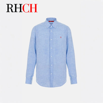 RHCH Men Pure  Shirt Luxury Embroidery Logo Button Down Collar Casual Breathable Solid Color Formal Business Shirts For Men