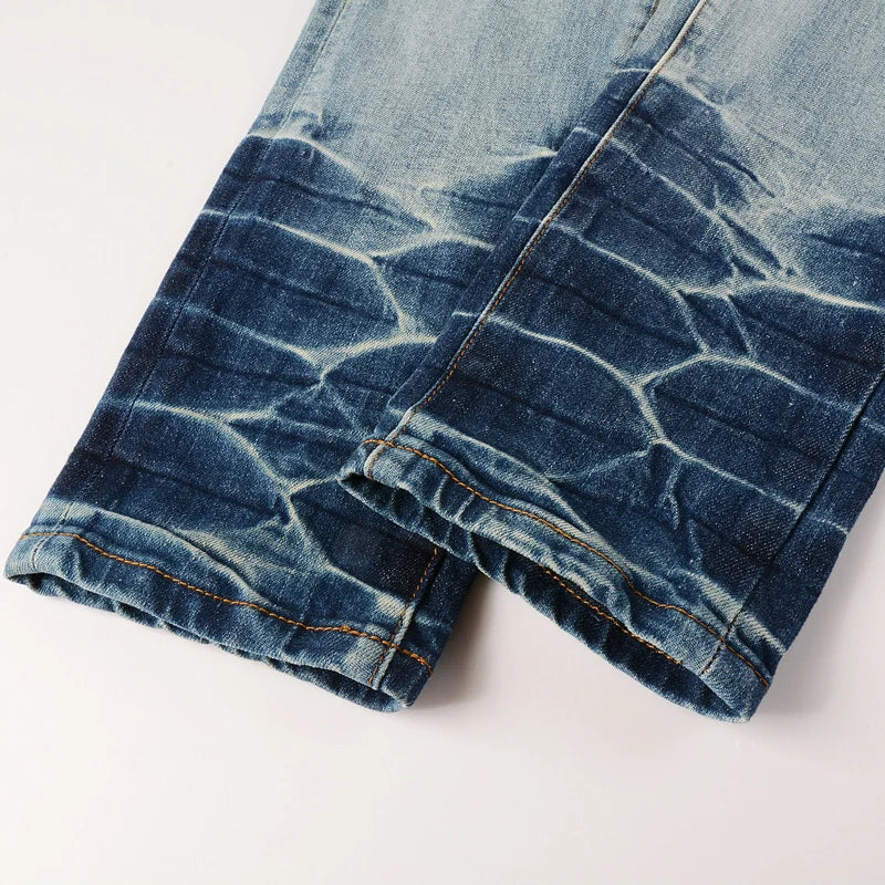 Men's Fashion Slim Fit Jeans Light Blue High Street Hip-Hop Brand Pan Perforated Patch Washed Nostalgic Elastic