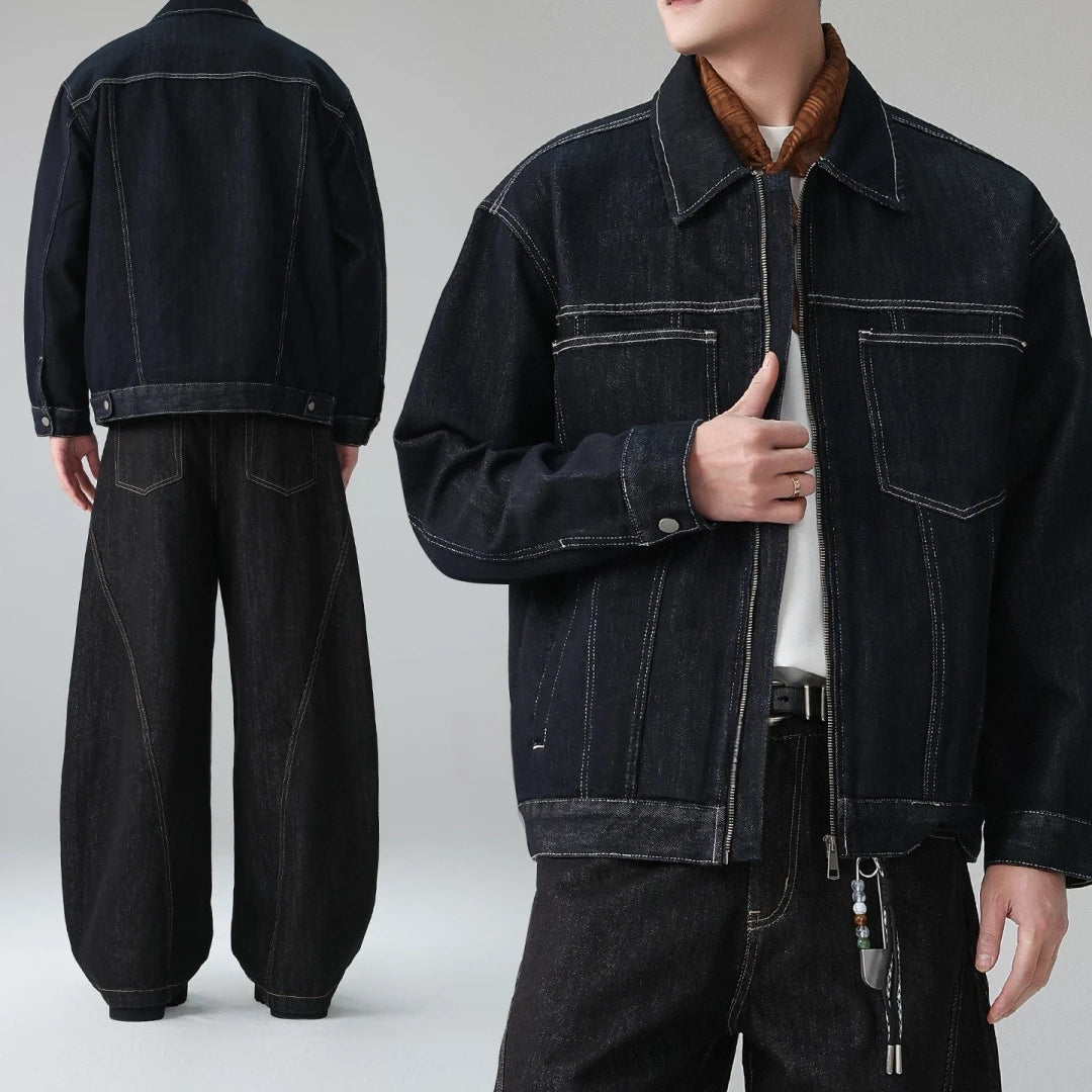 Mens American Vintage Denim Trucker Jacket Lapel Collar Lyocell Blend Topstitching Premium Spring Fall Casual Trendy Coat Male