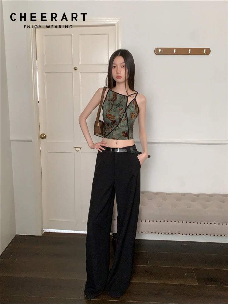 CHEERART Flocking Floral Vintage Crop Cami Top For Women Sleeveless Flower Green Tops Designer Clothes Luxury