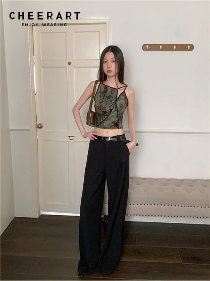CHEERART Flocking Floral Vintage Crop Cami Top For Women Sleeveless Flower Green Tops Designer Clothes Luxury