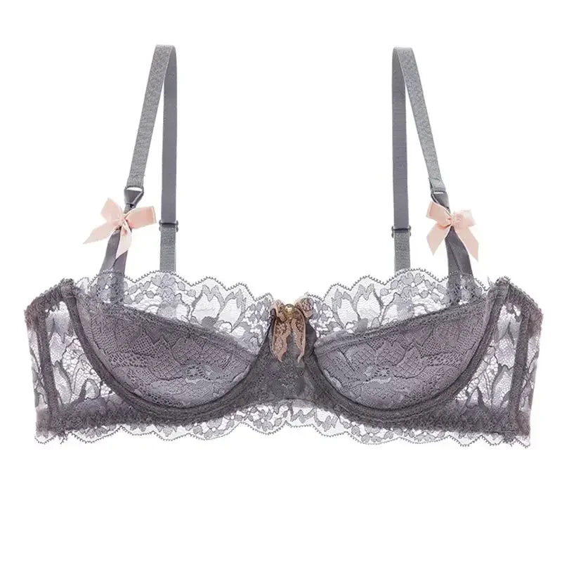 BANERDANNI French Lace Bralette Set Breathable Non-Padded Bra for Petite Sheer Floral Lingerie Wireless Comfort Anti-Gap Design