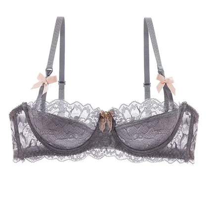 BANERDANNI French Lace Bralette Set Breathable Non-Padded Bra for Petite Sheer Floral Lingerie Wireless Comfort Anti-Gap Design