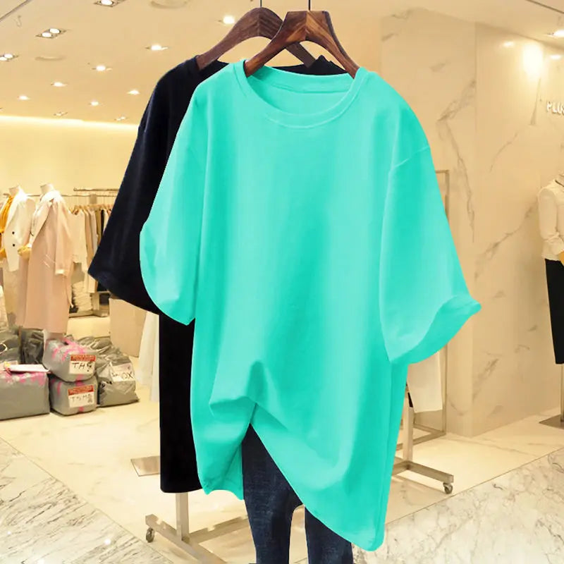 Women Clothing Fashion Cotton O-neck Short Sleeve T-shirt Summer Casual Loose Oversized Solid Top Tee Basic Pullover 45-105Kg