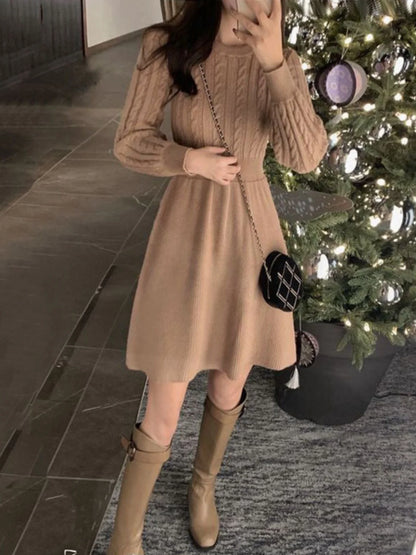 High Waist A-Line Knitted Dress Long Sleeve Base Layer Shirt Waist Cinched Black Dress Autumn Wear Korean Style Commute Dress