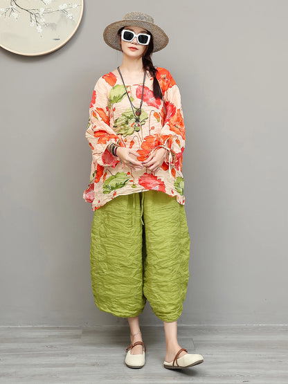 Artistic Ramie Suit Women Summer Floral Tie-up Top + Loose Wide-leg Cropped Pants Two-piece Set XY336
