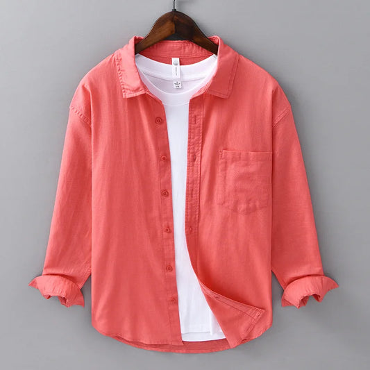 Men's Spring Summer Linen Shirt Long Sleeve 72.9% Cotton 27.1% Linen Breathable Business Casual Vintage Solid Color Tops