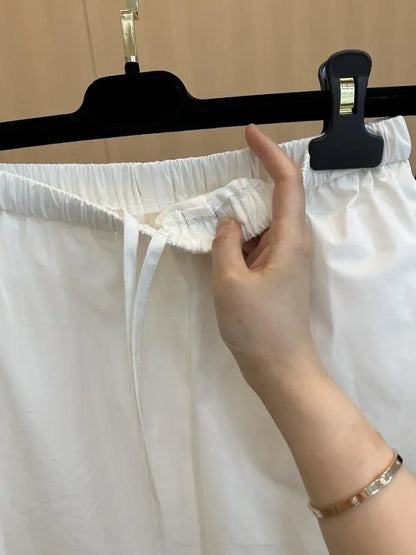 Summer European Style Women Two-piece Spliced Pants High Waist Loose Straight Leg Cropped Trousers Design Slim Casual Pants
