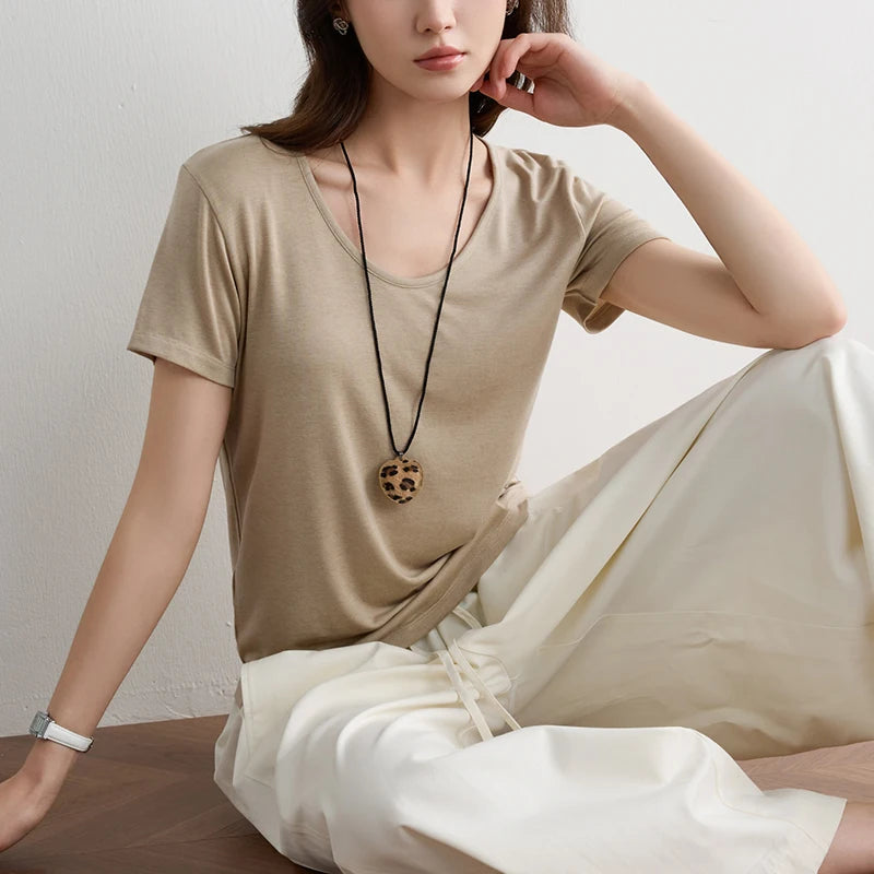 Women Lyocell T Shirt U Neck Short Sleeve Summer Slim Fit Basic Casual Top