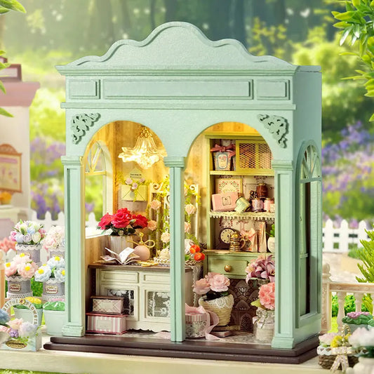 DIY Miniature Dollhouse Kit with LED Light Handmade Wooden Flower Shop Book Nook Creative 3D Puzzle Model Building Set for Gifts