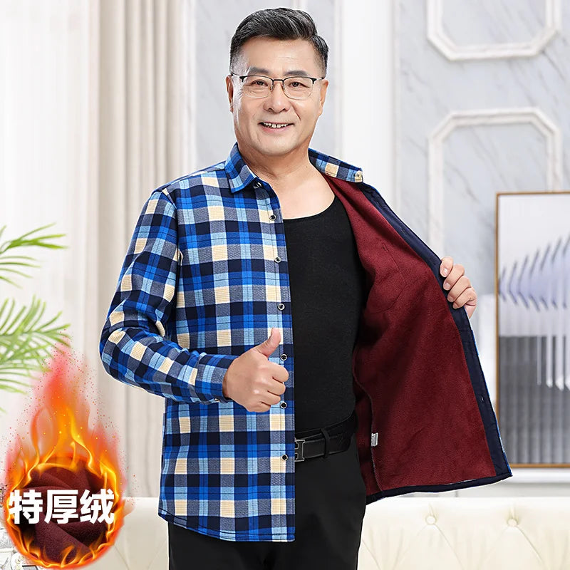 New Men's Long-Sleeved Shirt Thickened and Fleece Warm 8XL9XL Plus Size Autumn and Winter Casual No-Ironing Comfortable Top
