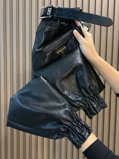 Autumn Winter Leather Pants Fashion High Quality Leg Windproof Plus Velvet Haren Pants All-Match Slimming Casual Trousers Women