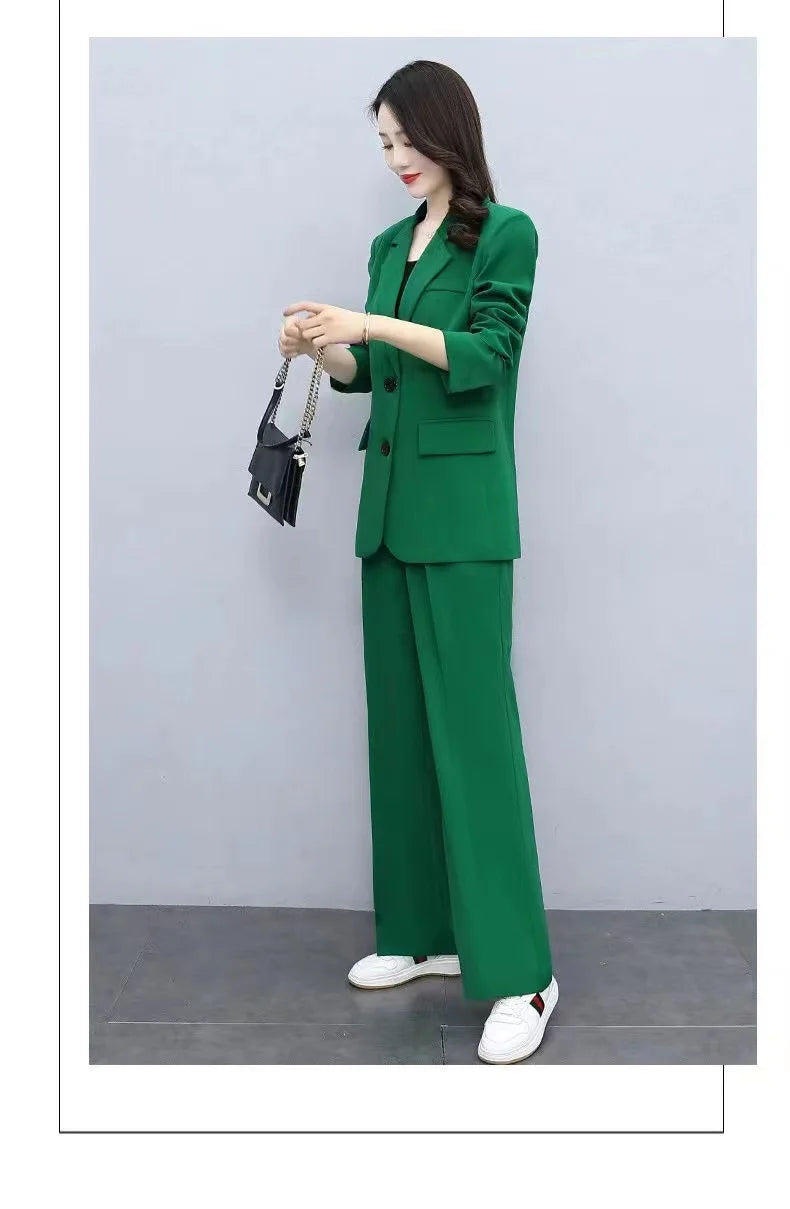 Spring 2026 plus Size Suit Set Loose Wide Leg Pants Two Piece Set Korean Style Commute Casual High Waist Polyester Fiber