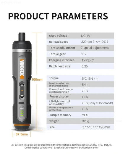 Worx 30 Bit Sets Power Tools WX242 Electrical Screwdriver Set Smart Cordless Drill Screwdrivers USB Rechargeable Set Home Repair