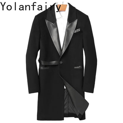 YOLANFAIRY Brand High Quality Sheepskin Spliced Wool Coat Man Jacket Autumn Winter Men's Mid-length Suit Collar Trench Coats