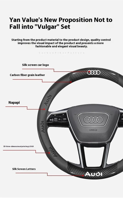 Car AntiSlip Carbon Fiber Leather Steering Wheel Cover, Audi A3 A4 A5 A6 A7 A8 Q1 Q2 Q3 Q5 Q7 Q8 S3 S4 S5 S6 RS3 RS4 RS5 TT