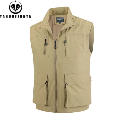 2026 Summer Men Sleeveless Cargo Leisure Work Lapel Vest Men Outdoor Solid Color Fishing Camping Thin Pocket Vest Male Waistcoat