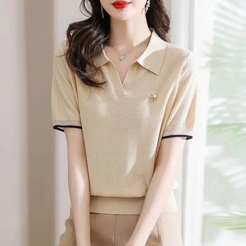 Polo Neck Shirt for Women Cute Plain Kawaii Baggy Red Woman T Korean Clothing Synthetic Luxury Fashion 2025 Pretty in Trend New