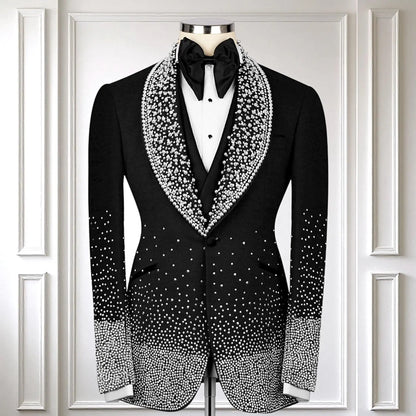 Suit For Man Crystal Embellished Black Tuxedo, Handmade Wool Blend Stage Costume, Prom Men's Suit, Wedding Groom Tuxedo Set 2pcs