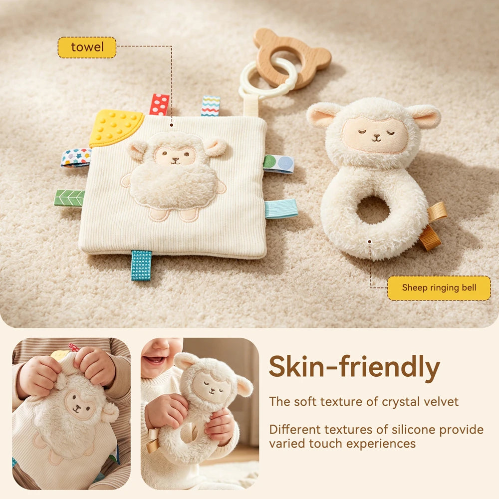 Sheep Security Blanket and Rattle 2 Piece Set Soft Crystal Velvet Press to Sound Baby Toys Fine Motor Skills Sensory Baby Toys