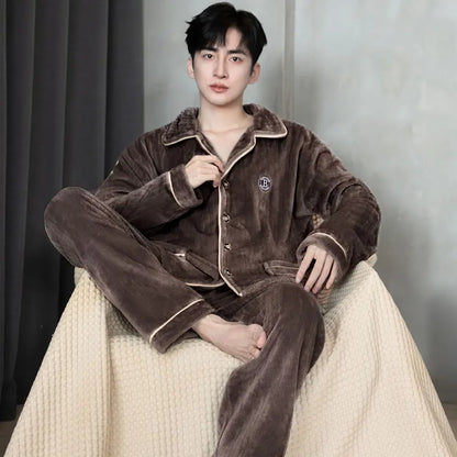 Men's Sleepwear Coral Fleece Flannel Thick Warm Cardigan Home Clothes Autumn Winter Long Sleeve Button up Comfortable Pajamas