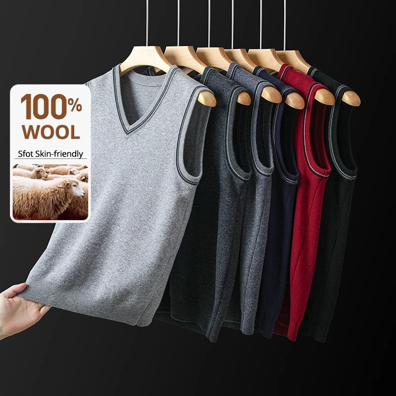 High End 100% Wool New Autum Winter Fashion Brand Knit Pullover Sweater Vest Slim Fit V-neck Sleeveless Casual Mens Clothing