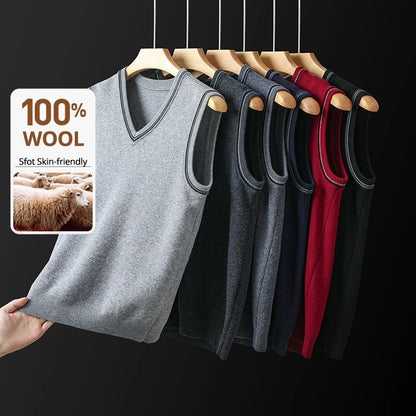 High End 100% Wool New Autum Winter Fashion Brand Knit Pullover Sweater Vest Slim Fit V-neck Sleeveless Casual Mens Clothing
