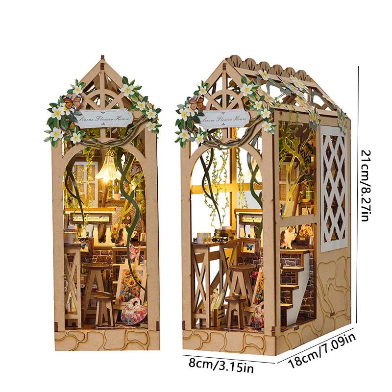 DIY Wooden Book Nook Figurines Miniatures Dollhouse Magic Garden Workshop Bookend for Friends Birthday Gifts Home Decor Crafts