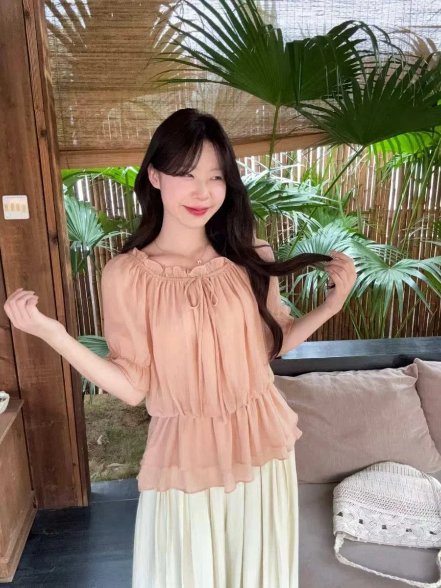 plus Size Women's Sweet Style One Shoulder Chiffon Top Summer Slimming Shirt Casual Loose Fit Short Sleeve Regular Length