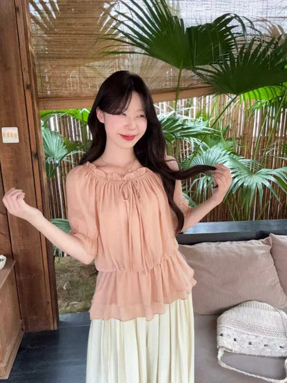 plus Size Women's Sweet Style One Shoulder Chiffon Top Summer Slimming Shirt Casual Loose Fit Short Sleeve Regular Length