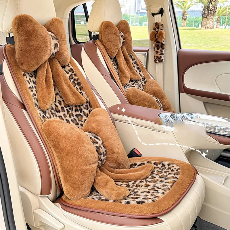 Women's New Leopard-print Car Seat Cushion Winter Plush Warm Non-slip Seat Cover Fashion Full Set Automobile Interior Decoration