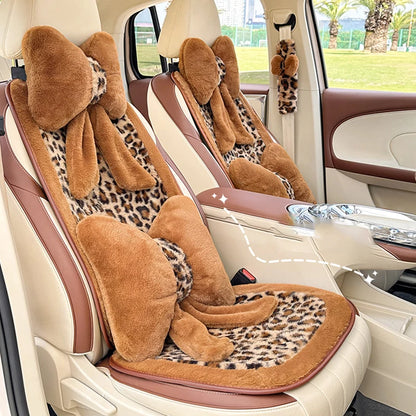 Women's New Leopard-print Car Seat Cushion Winter Plush Warm Non-slip Seat Cover Fashion Full Set Automobile Interior Decoration