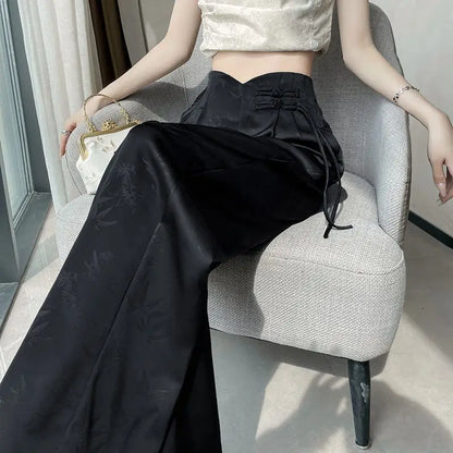 High Waist Loose Straight Pants with Button Knot Pocket New Chinese Style Satin Wide Leg Pants Spring Summer Trousers Pink Black